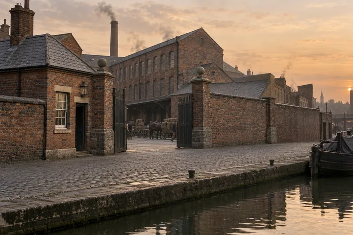 Factory Gates & Entrances, c. 1903; AI-generated historical interpretation set in Britain.