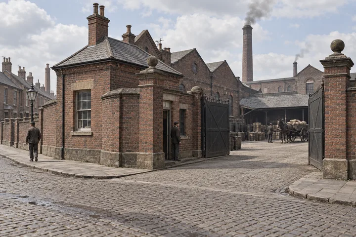 Factory Gates & Entrances, c. 1887; AI-generated historical interpretation set in Britain.