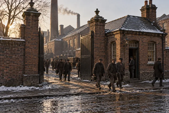 Factory Gates & Entrances, c. 1894; AI-generated historical interpretation set in Britain.