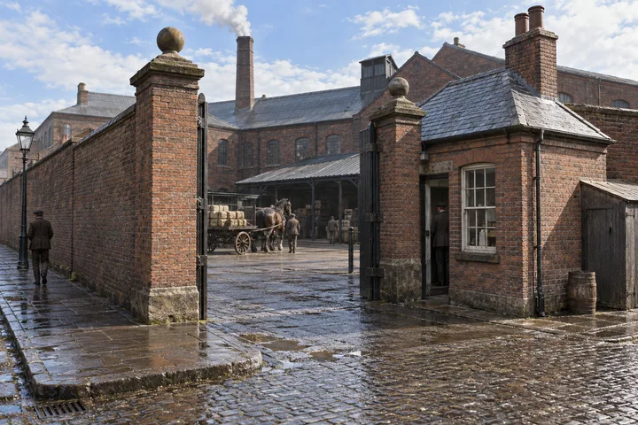 Factory Gates & Entrances, c. 1899; AI-generated historical interpretation set in Britain.