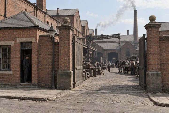 Factory Gates & Entrances, c. 1909; AI-generated historical interpretation set in Britain.