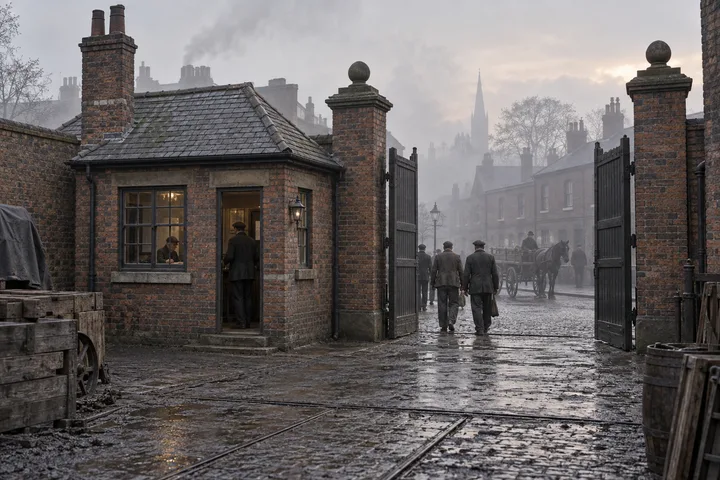 Factory Gates & Entrances, c. 1892; AI-generated historical interpretation set in Britain.
