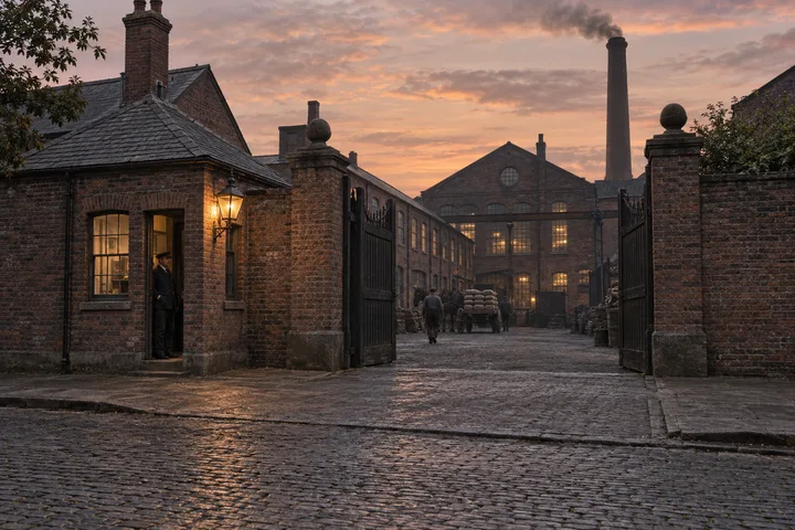 Factory Gates & Entrances, c. 1885; AI-generated historical interpretation set in Britain.