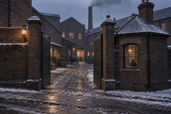 Factory Gates & Entrances, c. 1908; AI-generated historical interpretation set in Britain.