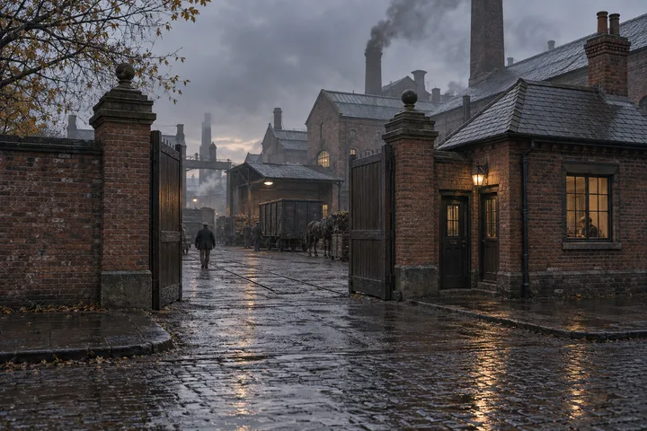 Factory Gates & Entrances, c. 1886; AI-generated historical interpretation set in Britain.