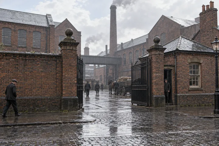 Factory Gates & Entrances, c. 1910; AI-generated historical interpretation set in Britain.