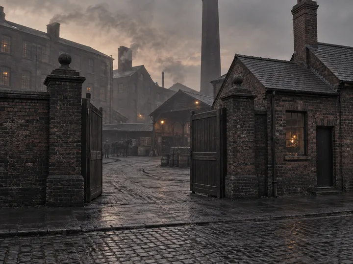 Factory Gates & Entrances, c. 1907; AI-generated historical interpretation set in Britain.