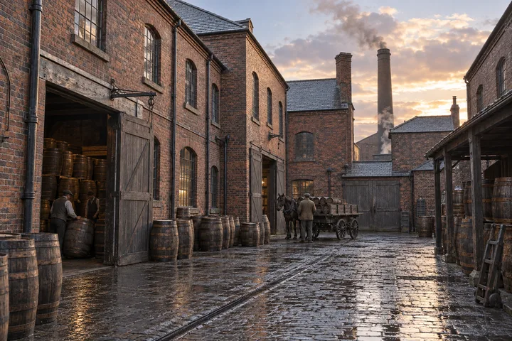 Factory Yards, c. 1905; AI-generated historical interpretation set in Britain.