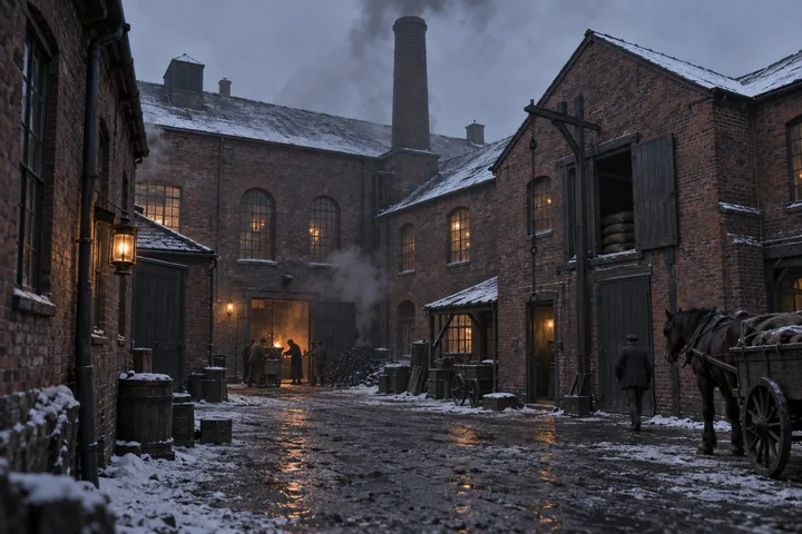 Factory Yards, c. 1890; AI-generated historical interpretation set in Britain.