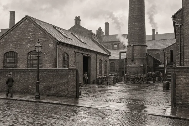 Factory Yards, c. 1908; AI-generated historical interpretation set in Britain.
