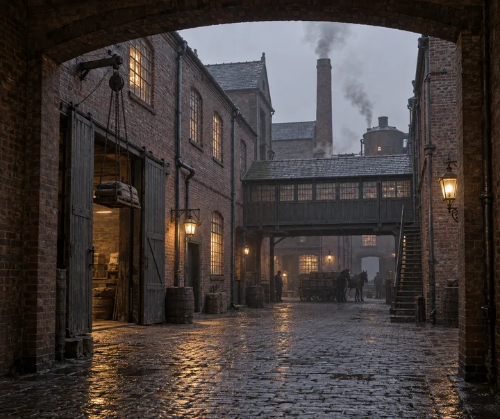 Factory Yards, c. 1895; AI-generated historical interpretation set in Britain.