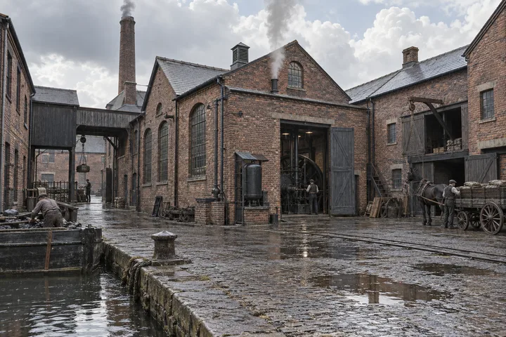 Factory Yards, c. 1898; AI-generated historical interpretation set in Britain.