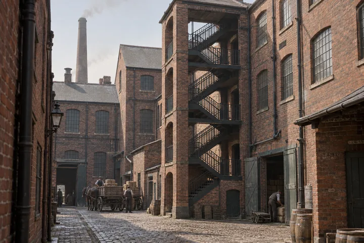 Factory Yards, c. 1900; AI-generated historical interpretation set in Britain.
