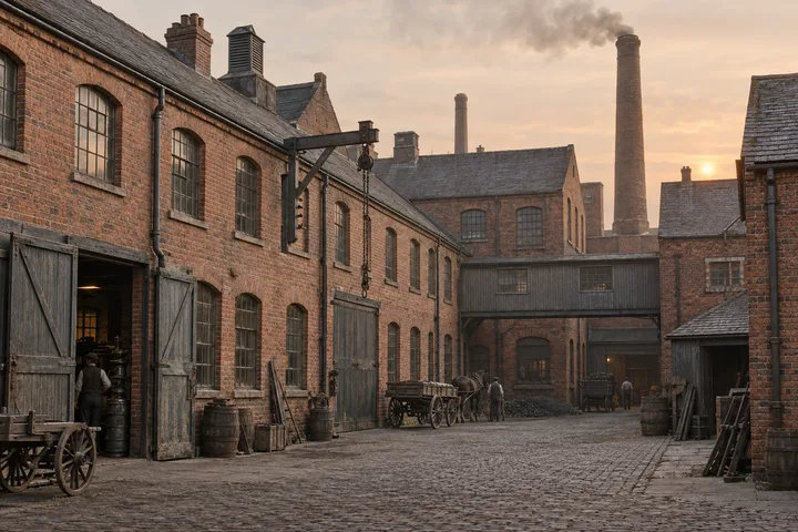 Factory Yards, c. 1886; AI-generated historical interpretation set in Britain.