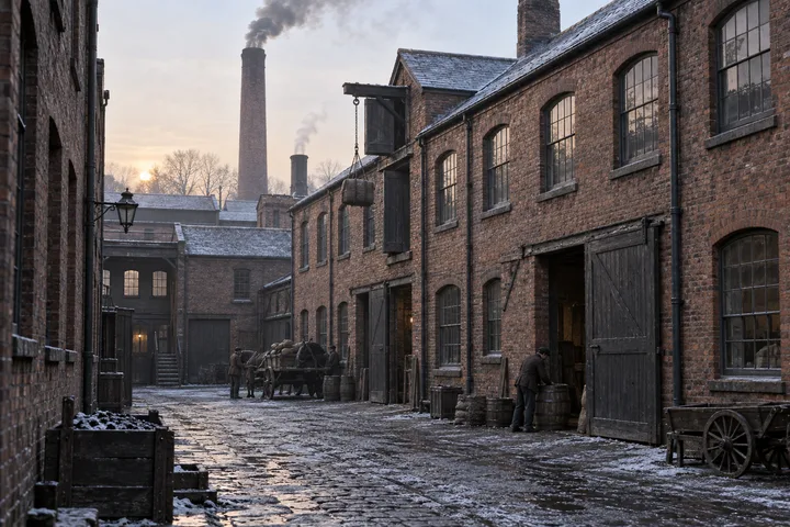 Factory Yards, c. 1881; AI-generated historical interpretation set in Britain.