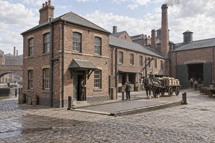 Factory Yards, c. 1905; AI-generated historical interpretation set in Britain.