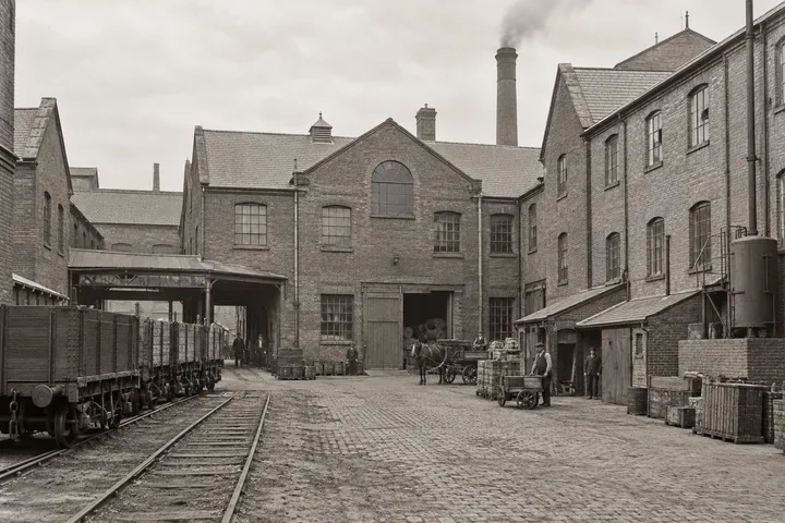 Factory Yards, c. 1907; AI-generated historical interpretation set in Britain.