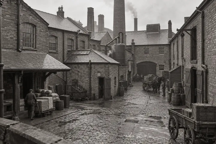Factory Yards, c. 1904; AI-generated historical interpretation set in Britain.