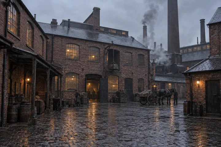 Factory Yards, c. 1881; AI-generated historical interpretation set in Britain.