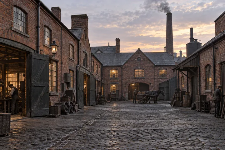 Factory Yards, c. 1889; AI-generated historical interpretation set in Britain.