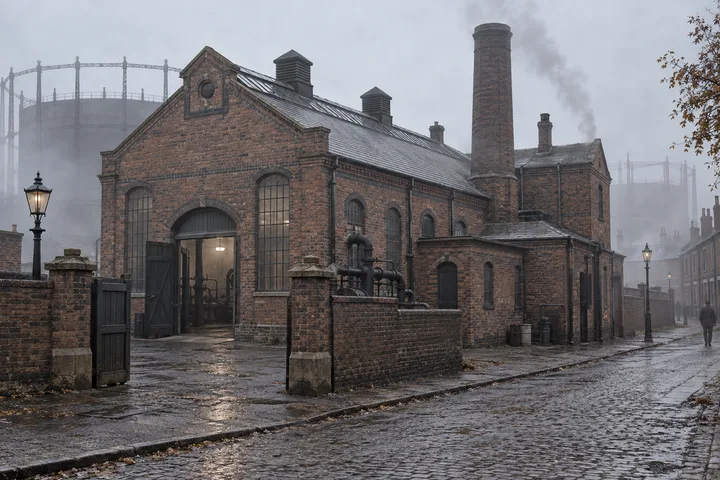Gasworks & Utilities, c. 1908; AI-generated historical interpretation set in Britain.
