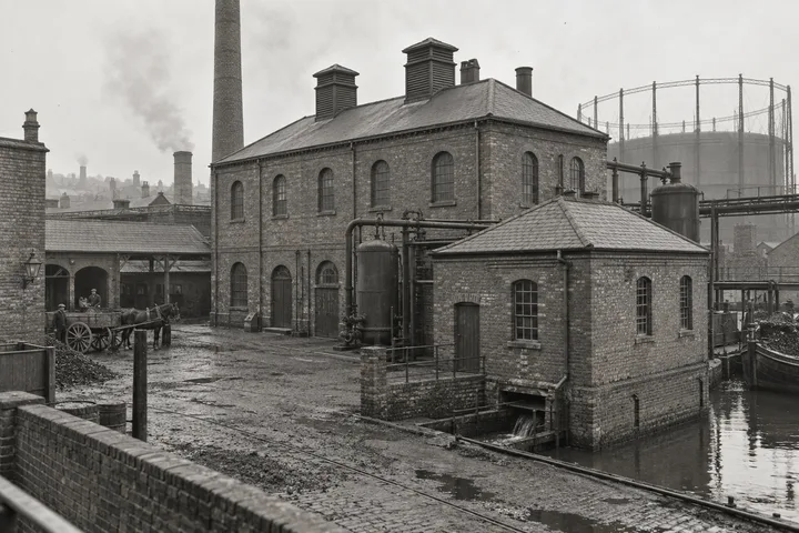 Gasworks & Utilities, c. 1903; AI-generated historical interpretation set in Britain.