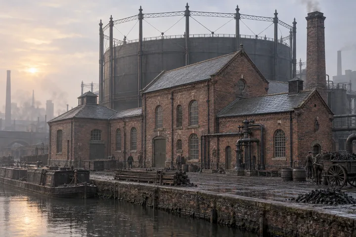 Gasworks & Utilities, c. 1889; AI-generated historical interpretation set in Britain.