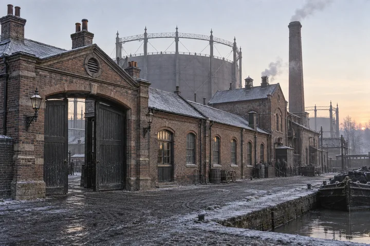 Gasworks & Utilities, c. 1897; AI-generated historical interpretation set in Britain.