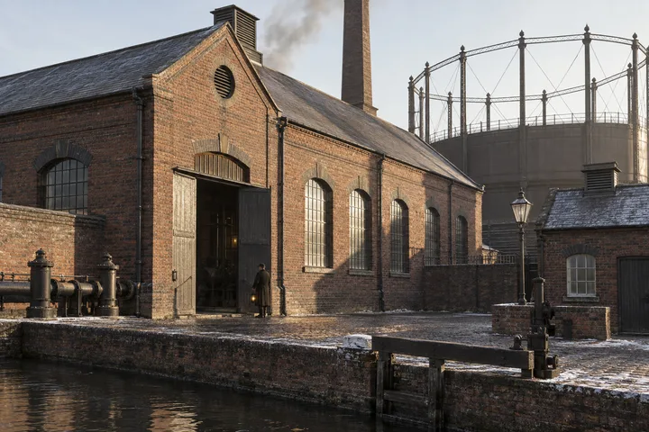 Gasworks & Utilities, c. 1884; AI-generated historical interpretation set in Britain.