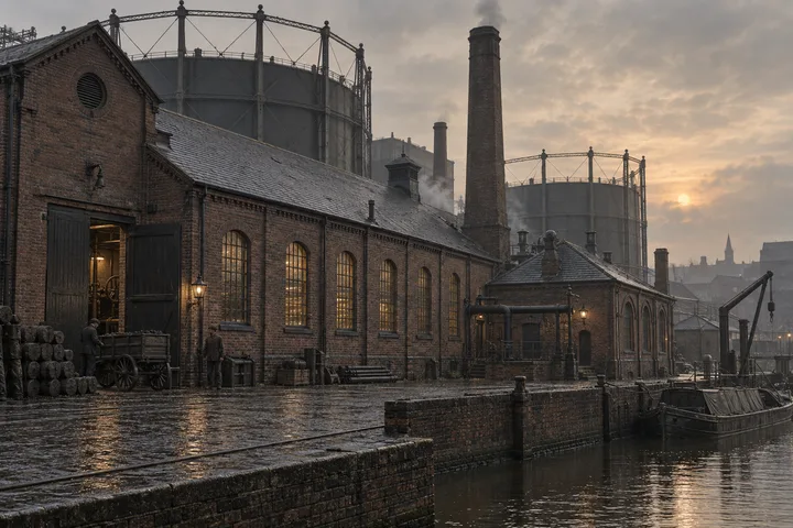Gasworks & Utilities, c. 1901; AI-generated historical interpretation set in Britain.
