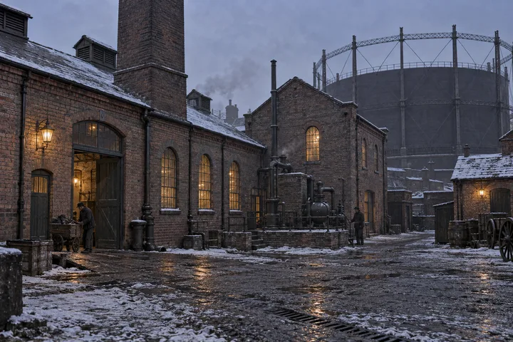 Gasworks & Utilities, c. 1887; AI-generated historical interpretation set in Britain.