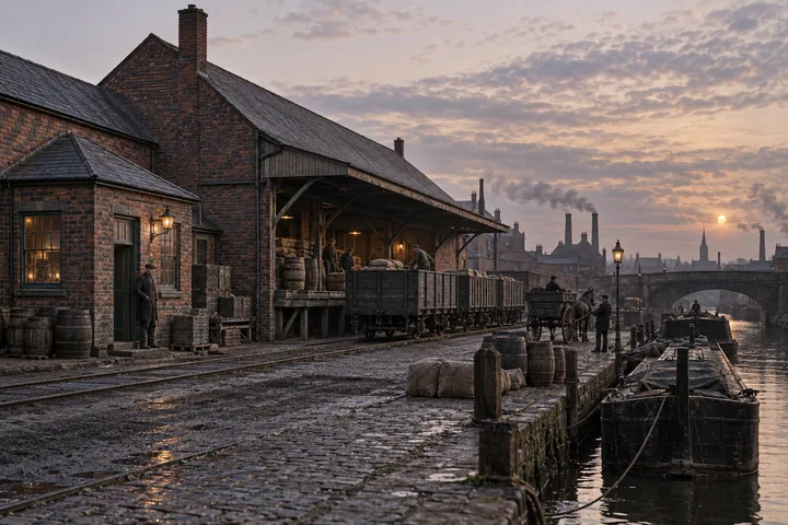 Goods Yards & Sidings, c. 1889; AI-generated historical interpretation set in Britain.