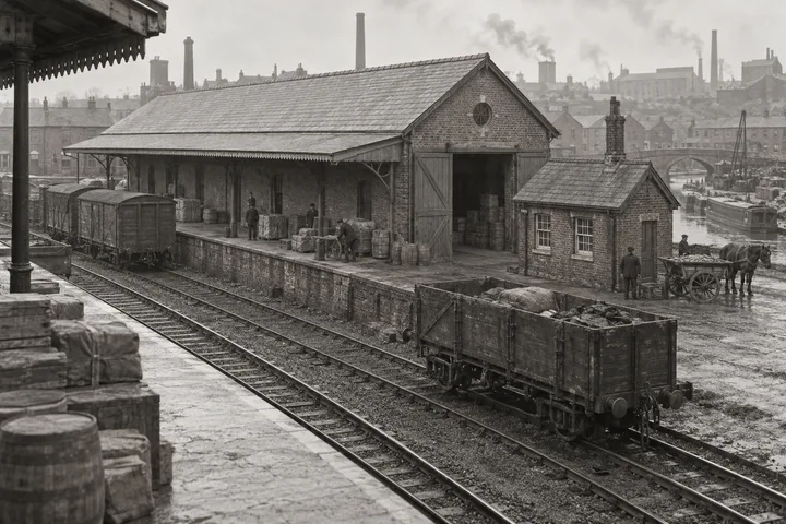 Goods Yards & Sidings, c. 1891; AI-generated historical interpretation set in Britain.