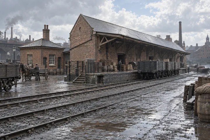 Goods Yards & Sidings, c. 1894; AI-generated historical interpretation set in Britain.