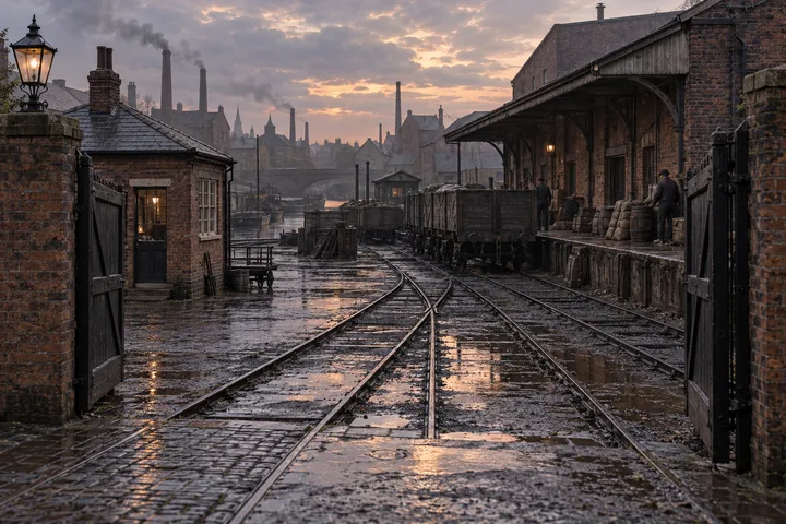 Goods Yards & Sidings, c. 1898; AI-generated historical interpretation set in Britain.
