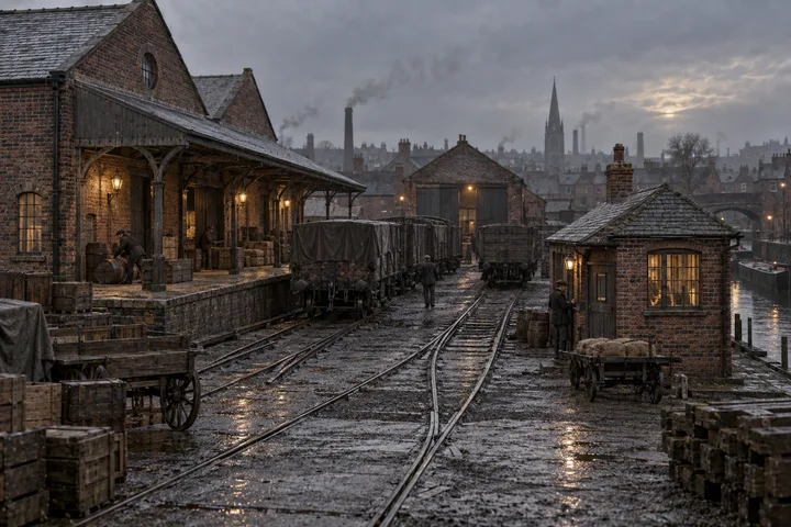 Goods Yards & Sidings, c. 1881; AI-generated historical interpretation set in Britain.