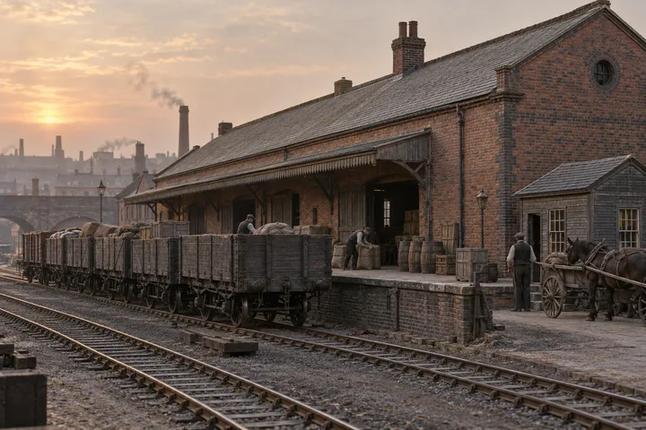 Goods Yards & Sidings, c. 1882; AI-generated historical interpretation set in Britain.