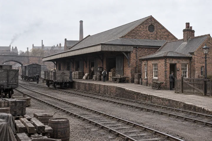 Goods Yards & Sidings, c. 1909; AI-generated historical interpretation set in Britain.