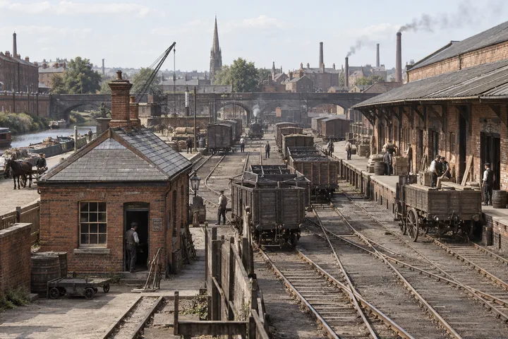 Goods Yards & Sidings, c. 1880; AI-generated historical interpretation set in Britain.