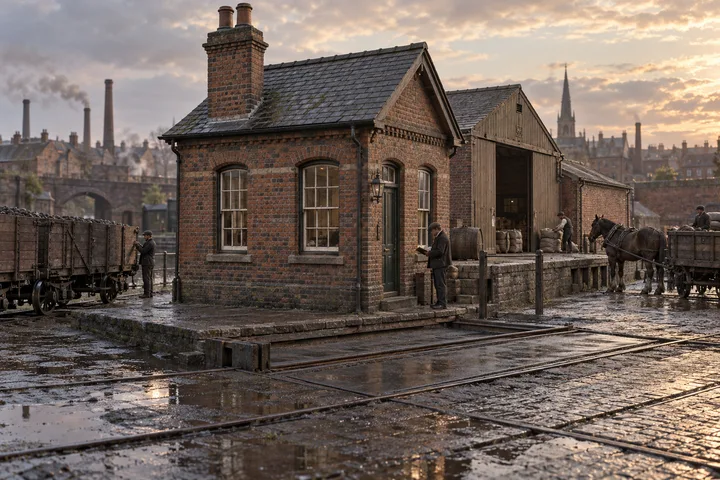 Goods Yards & Sidings, c. 1889; AI-generated historical interpretation set in Britain.