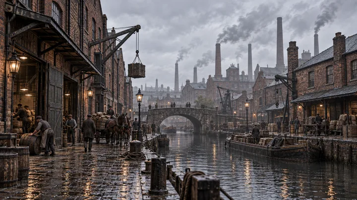 AI-generated interpretation of a working canal with brick warehouses, cranes, barges, carts and smoking factory chimneys.
