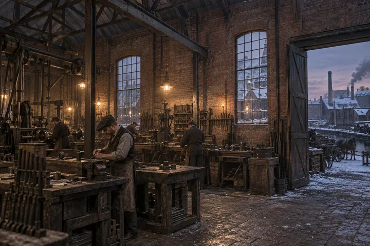 Industrial Interiors, c. 1881; AI-generated historical interpretation set in Britain.