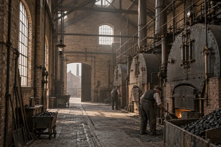 Industrial Interiors, c. 1908; AI-generated historical interpretation set in Britain.