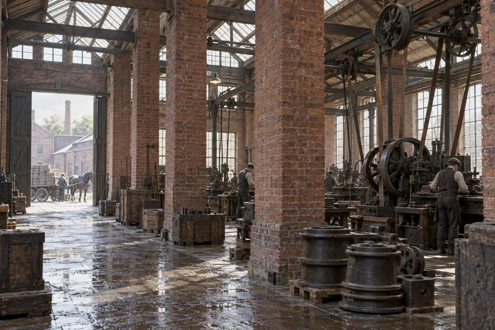 Industrial Interiors, c. 1904; AI-generated historical interpretation set in Britain.