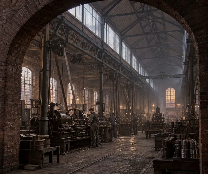 Industrial Interiors, c. 1893; AI-generated historical interpretation set in Britain.