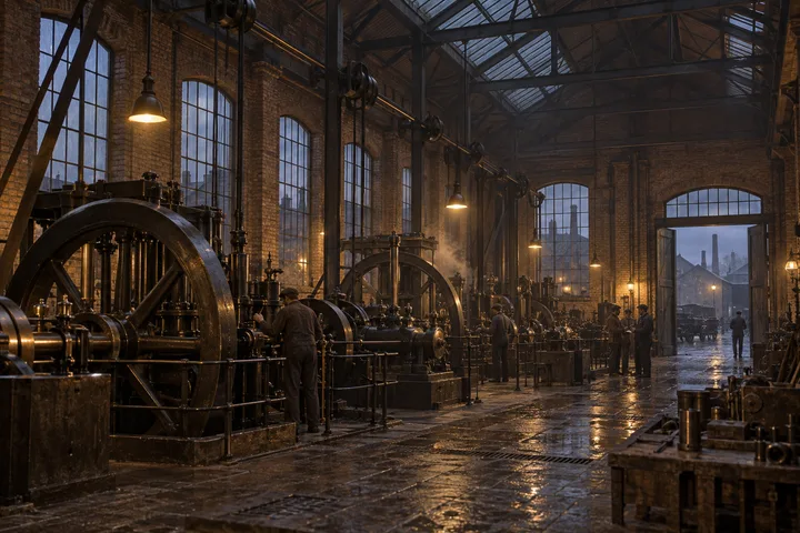 Industrial Interiors, c. 1894; AI-generated historical interpretation set in Britain.