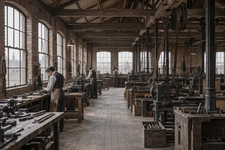Industrial Interiors, c. 1902; AI-generated historical interpretation set in Britain.