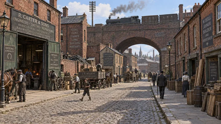 Industrial Streets, c. 1905; AI-generated historical interpretation set in Britain.