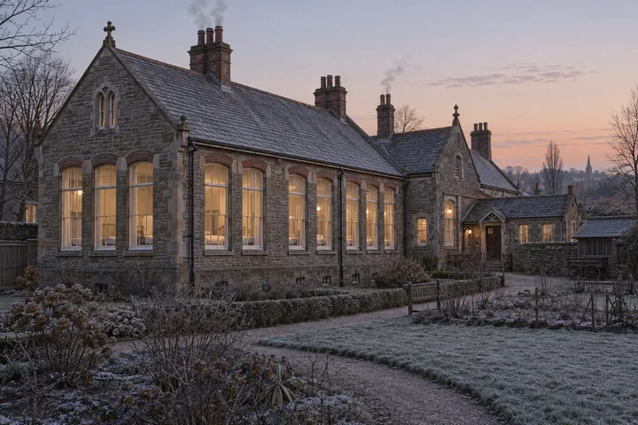 Institutional Buildings, c. 1908; AI-generated historical interpretation set in Britain.