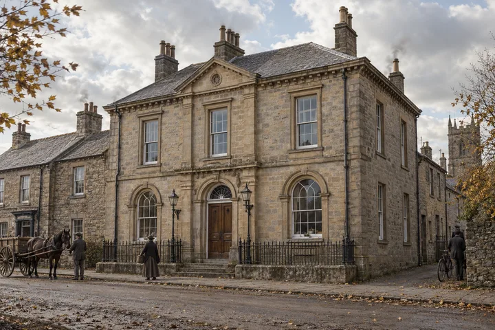 Institutional Buildings, c. 1889; AI-generated historical interpretation set in Britain.